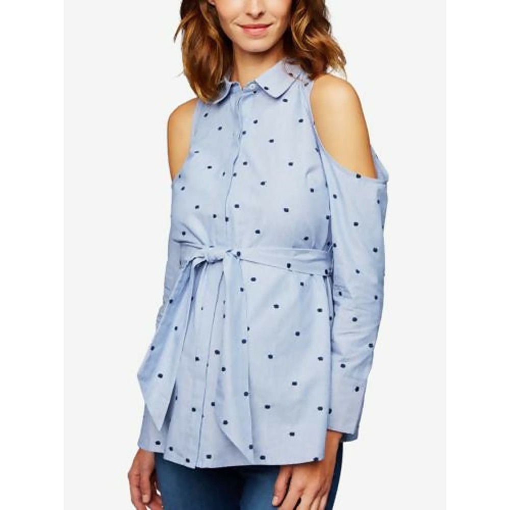 A Pea In The Pod Cold Shoulder Maternity Button-Down Shirt - Polka Dot - Blue XS
